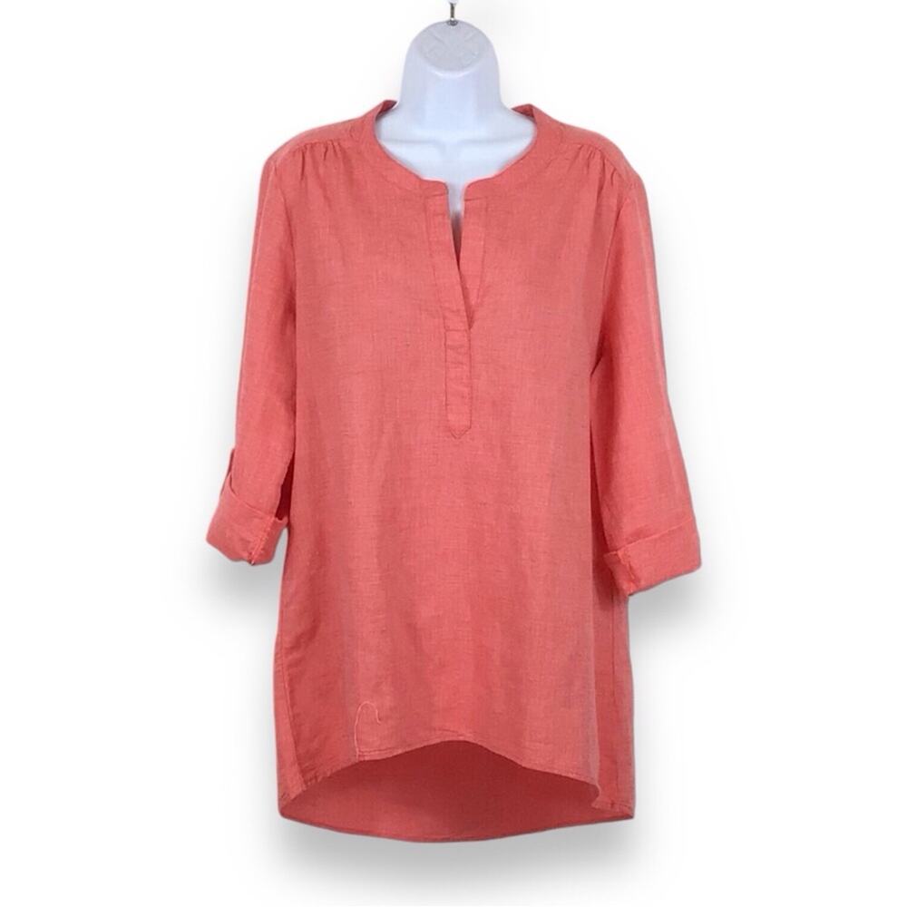 ELLEN TRACY LINEN Split Neck 3/4 Length Sleeve Coral Tunic size L